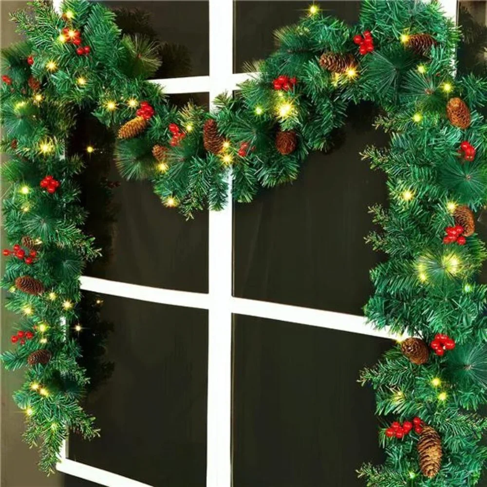 9 Foot Christmas Lighted Garland w/ Lights, Pre Lit Garland Wreath for Indoor